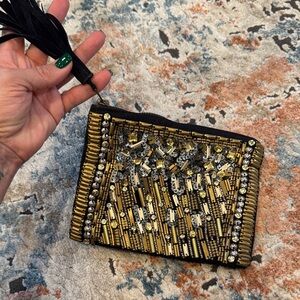 Elegant Black and Gold and silver boho beaded clutch with black tassel zipper